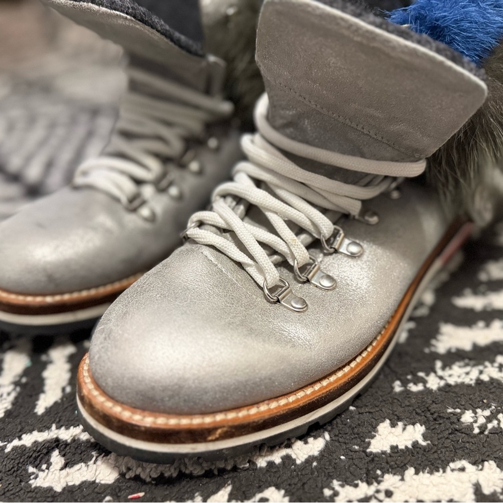 Blue and Silver Lace Up Boots with Metallic Sheen
